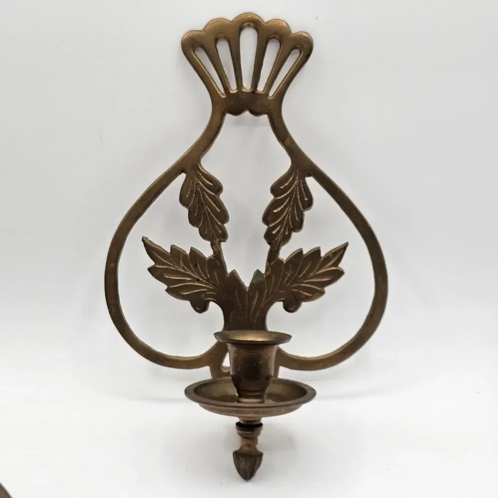 Vintage Solid Brass Wall Sconce Candle Holder Flowing Leaf Etched India